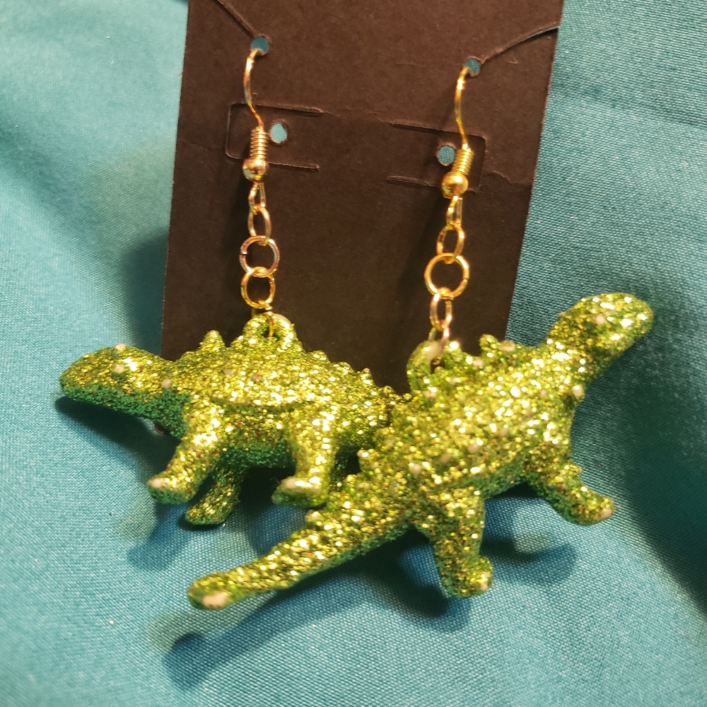 Glittery Green Dinosaur Earrings